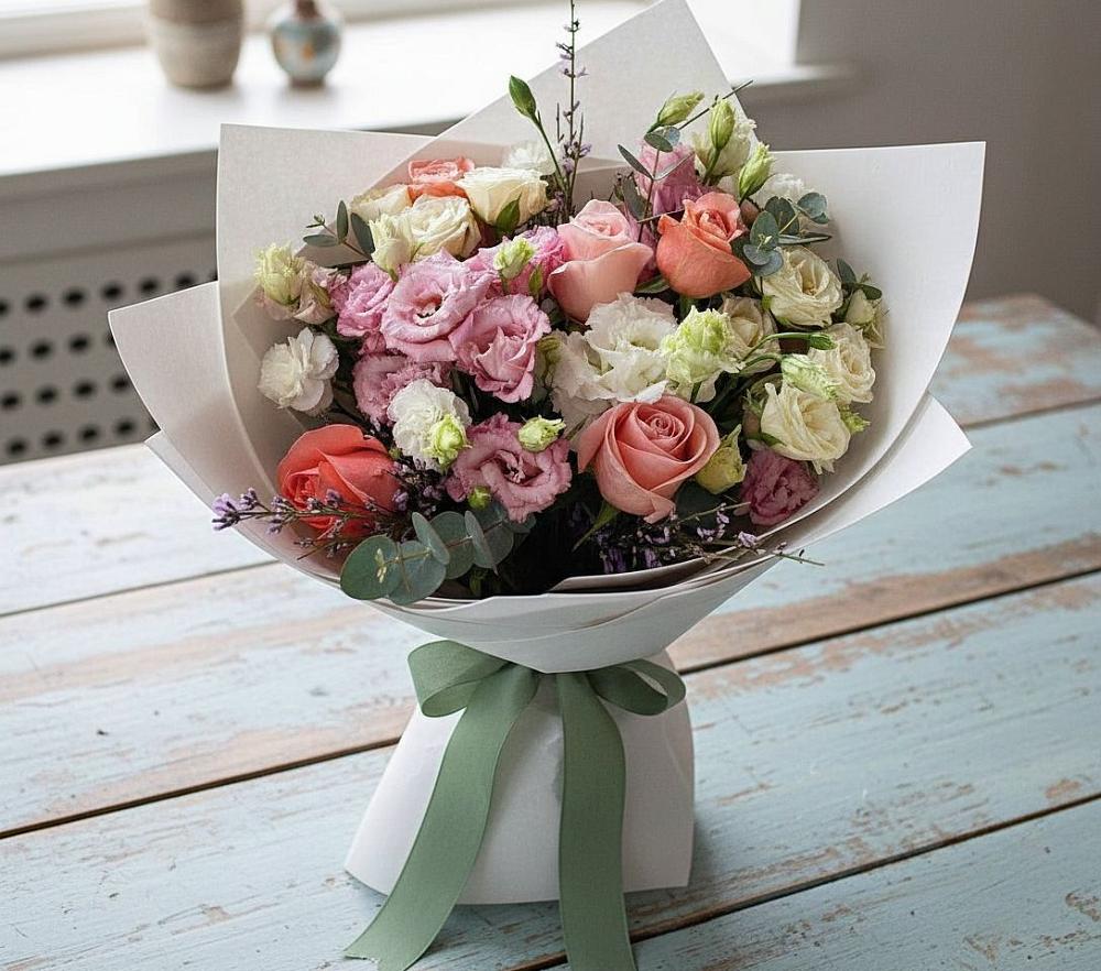 Букет цветов из: Розы, Лизиантусы и Гвоздики в Учкекен