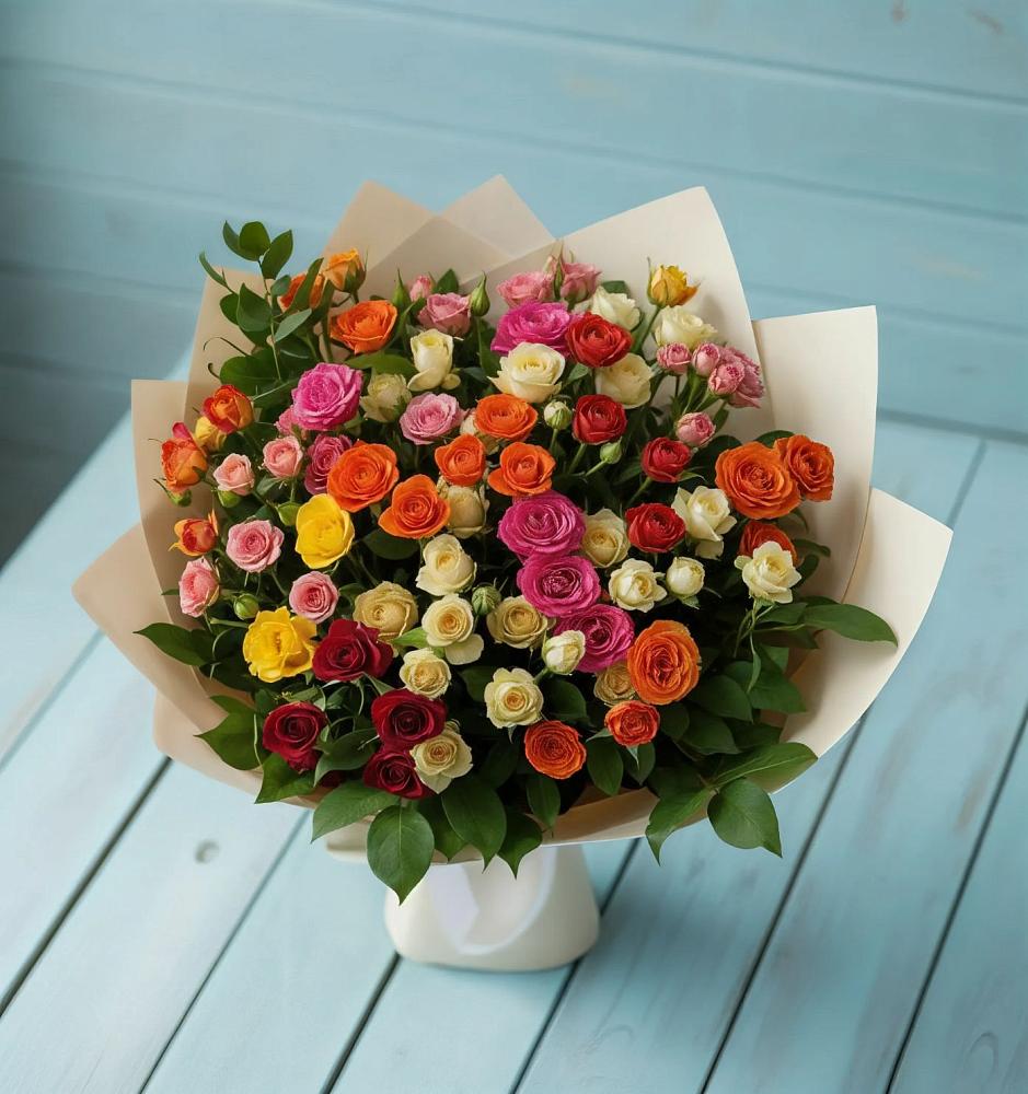 Букет Микс из разноцветных кустовых роз в Учкекен